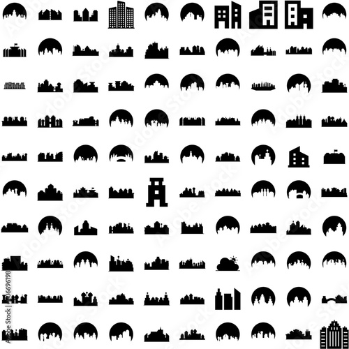 Collection Of 100 Skyline Icons Set Isolated Solid Silhouette Icons Including Cityscape, Building, Skyscraper, Architecture, Skyline, City, Urban Infographic Elements Vector Illustration Logo