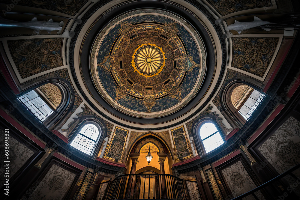 the inside of a church with an ornate ceiling and stained glass windows in the center is a gold - colored dome. Generative Ai