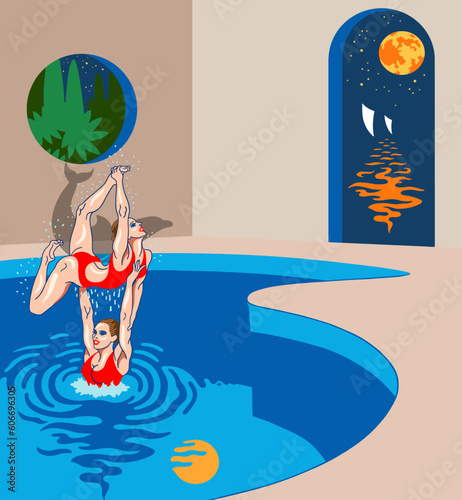 Beautiful, graceful women are engaged in synchronized swimming in the pool.
