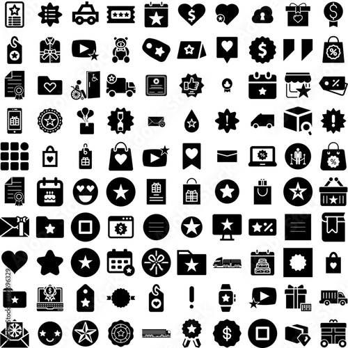Collection Of 100 Special Icons Set Isolated Solid Silhouette Icons Including Vector, Offer, Illustration, Sign, Discount, Sale, Special Infographic Elements Vector Illustration Logo