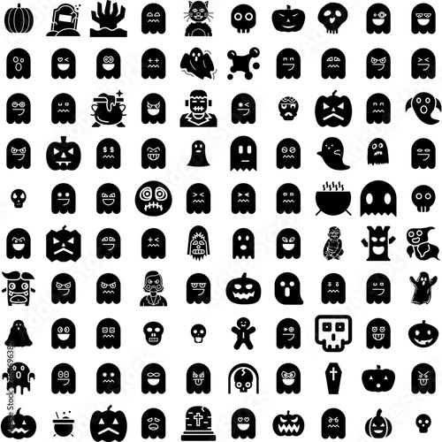 Collection Of 100 Spooky Icons Set Isolated Solid Silhouette Icons Including Spooky, Scary, Dark, Night, Horror, Background, Halloween Infographic Elements Vector Illustration Logo