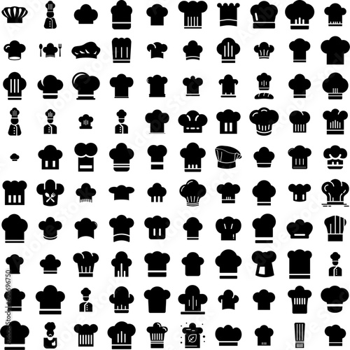 Collection Of 100 Toque Icons Set Isolated Solid Silhouette Icons Including Clothing, Cap, Uniform, Toque, Hat, Food, Chef Infographic Elements Vector Illustration Logo