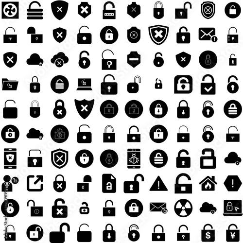 Collection Of 100 Unsafe Icons Set Isolated Solid Silhouette Icons Including Dangerous, Danger, Safety, Work, Unsafe, Protection, Risk Infographic Elements Vector Illustration Logo