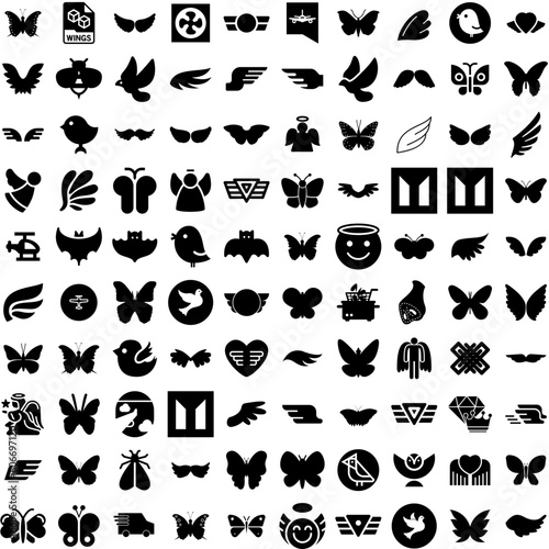 Collection Of 100 Wings Icons Set Isolated Solid Silhouette Icons Including Black, Element, Graphic, Design, Isolated, Icon, Bird Infographic Elements Vector Illustration Logo