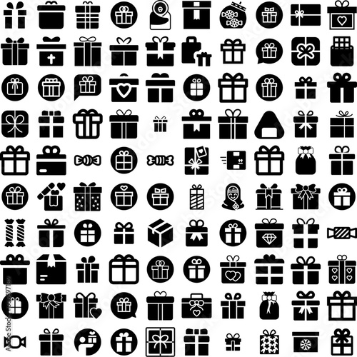 Collection Of 100 Wrapped Icons Set Isolated Solid Silhouette Icons Including Background, Celebration, Design, Food, Isolated, Wrapped, White Infographic Elements Vector Illustration Logo