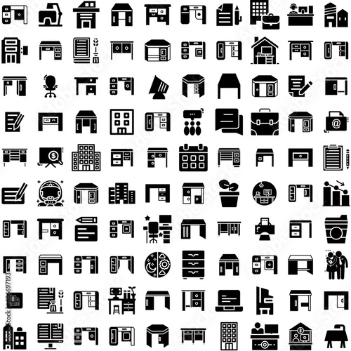 Collection Of 100 Workplace Icons Set Isolated Solid Silhouette Icons Including Work, Business, Workplace, Office, Colleagues, People, Team Infographic Elements Vector Illustration Logo