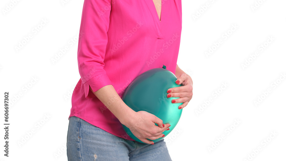Αυτοκόλλητο Woman holding on to sick stomach with balloon on white background