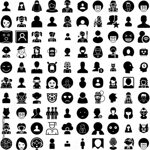 Collection Of 100 Avatar Icons Set Isolated Solid Silhouette Icons Including Male, Human, People, Avatar, Face, Man, Person Infographic Elements Vector Illustration Logo