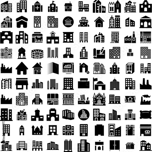 Collection Of 100 Buildings Icons Set Isolated Solid Silhouette Icons Including Construction, Architecture, Urban, Business, Office, Building, City Infographic Elements Vector Illustration Logo
