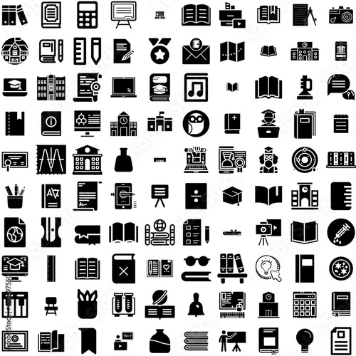 Collection Of 100 Education Icons Set Isolated Solid Silhouette Icons Including University, Education, Knowledge, Book, Icon, School, Student Infographic Elements Vector Illustration Logo