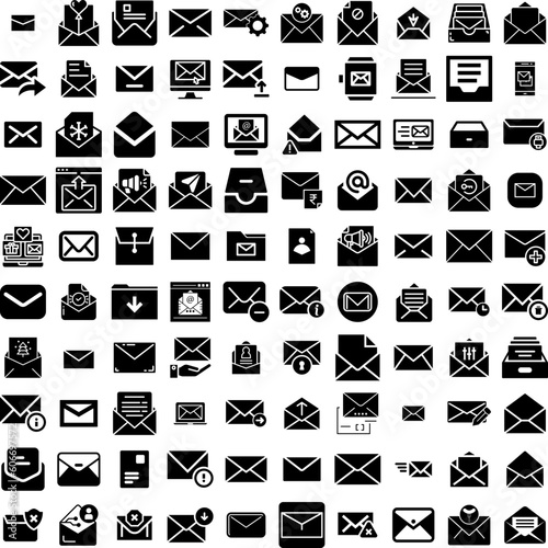 Collection Of 100 Email Icons Set Isolated Solid Silhouette Icons Including Mail, Communication, Message, Email, Web, Vector, Internet Infographic Elements Vector Illustration Logo