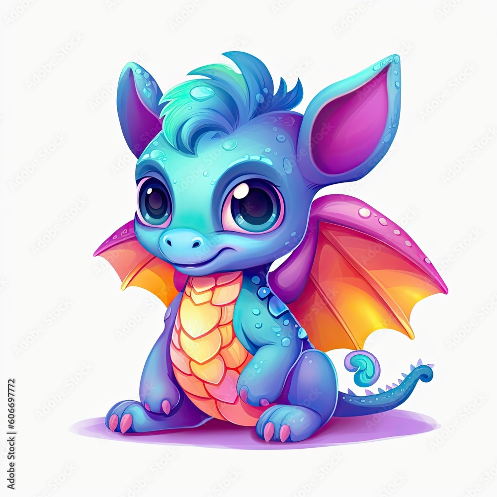 Colorful baby dragon art collection. Playful baby dragons collection with colorful bodies. Dragon smiling on a white background. Baby dragon with beautiful eyes and color splash. Generative AI.