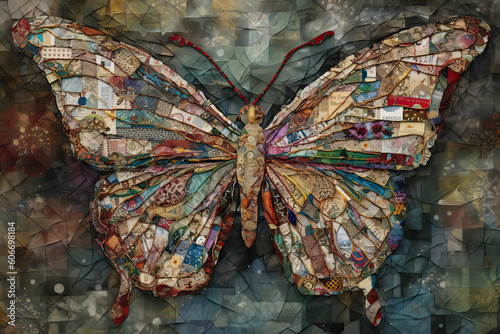 a butterfly made out of different types of papers and other things that are scattered on the surface in this image. Generative Ai