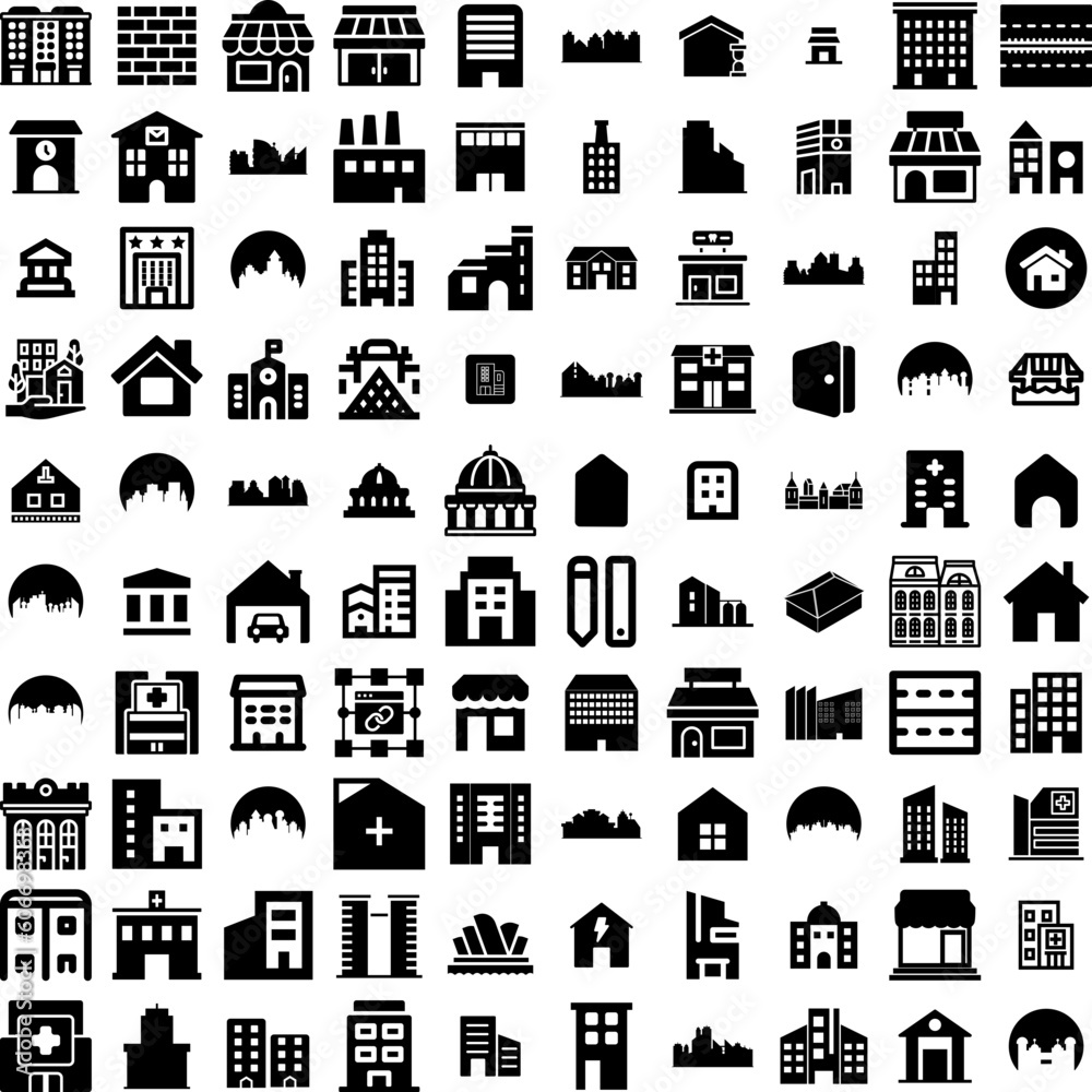 Collection Of 100 Building Icons Set Isolated Solid Silhouette Icons Including Urban, Business, Building, Architecture, Office, Construction, City Infographic Elements Vector Illustration Logo