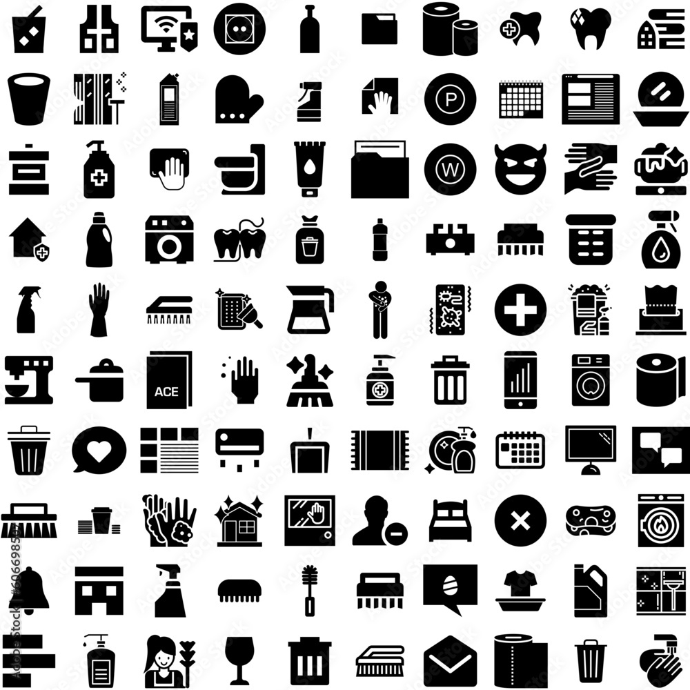 Collection Of 100 Cleaning Icons Set Isolated Solid Silhouette Icons Including Cleaner, Work, Wash, Household, Hygiene, Clean, Service Infographic Elements Vector Illustration Logo