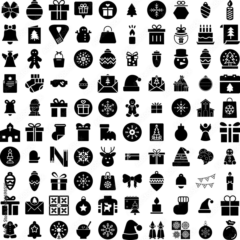 Collection Of 100 Christmas Icons Set Isolated Solid Silhouette Icons Including Merry, Winter, Christmas, Vector, Decoration, Background, Holiday Infographic Elements Vector Illustration Logo