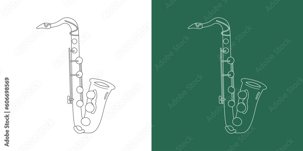 Tenor saxophone line drawing cartoon style. Brass instrument tenor saxophone clipart drawing in