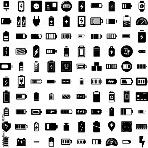 Collection Of 100 Charge Icons Set Isolated Solid Silhouette Icons Including Power, Charge, Energy, Technology, Battery, Electric, Charger Infographic Elements Vector Illustration Logo