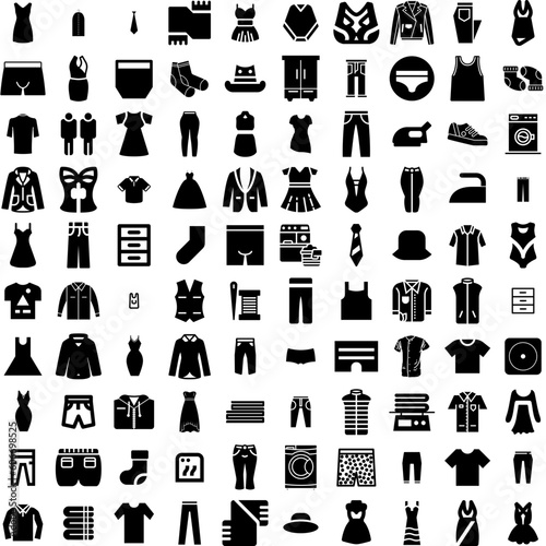 Collection Of 100 Clothes Icons Set Isolated Solid Silhouette Icons Including Fashion, Style, Fabric, Cloth, Background, Clothing, Clothes Infographic Elements Vector Illustration Logo