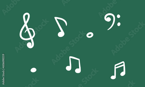 Musical notations hand drawn vector set. Treble clef, bass clef, eighth note, beamed note clipart cartoon style. Musical notes, musical symbols vector design on blackboard or chalkboard