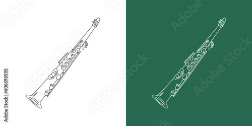 Soprano saxophone line drawing cartoon style. Brass instrument soprano saxophone clipart drawing in linear style isolated on white and chalkboard background. Musical wind instrument clipart concept