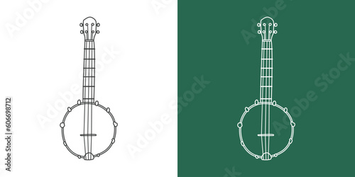 Banjo line drawing cartoon style. String instrument banjo clipart drawing in linear style isolated on white and chalkboard background. Musical instrument clipart concept, vector design