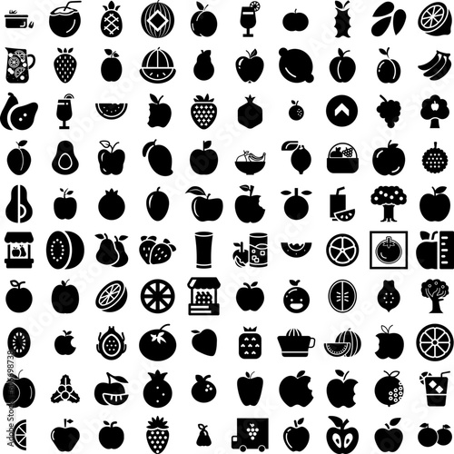 Collection Of 100 Fruit Icons Set Isolated Solid Silhouette Icons Including Fruit  Diet  Fresh  Organic  Orange  Healthy  Food Infographic Elements Vector Illustration Logo
