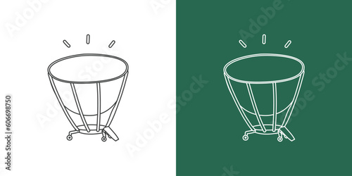 Timpani line drawing cartoon style. Percussion instrument timpani drum clipart drawing in linear style isolated on white and chalkboard background. Musical instrument clipart concept, vector design