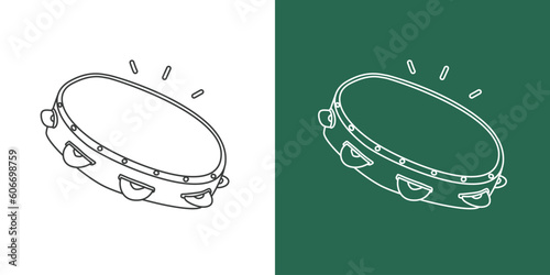 Tambourine line drawing vector design. Percussion instrument tambourine clipart drawing in linear style isolated on white and chalkboard background. Musical instrument clipart concept
