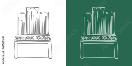 Pipe organ line drawing cartoon style. Keyboard instrument pipe organ piano clipart drawing in linear style isolated on white and chalkboard background. Musical instrument clipart concept