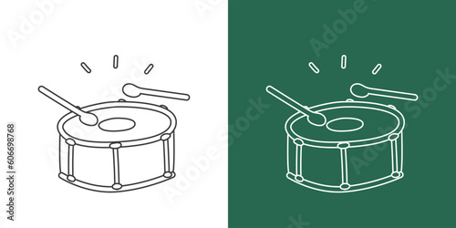 Snare drum line drawing cartoon style. Percussion instrument snare drum clipart drawing in linear style isolated on white and chalkboard background. Musical instrument clipart concept, vector design