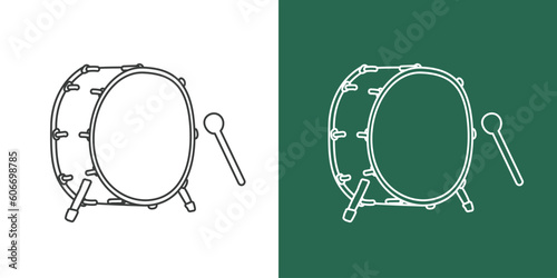Bass drum line drawing vector design. Percussion instrument bass drum clipart drawing in linear style isolated on white and chalkboard background. Musical instrument clipart concept