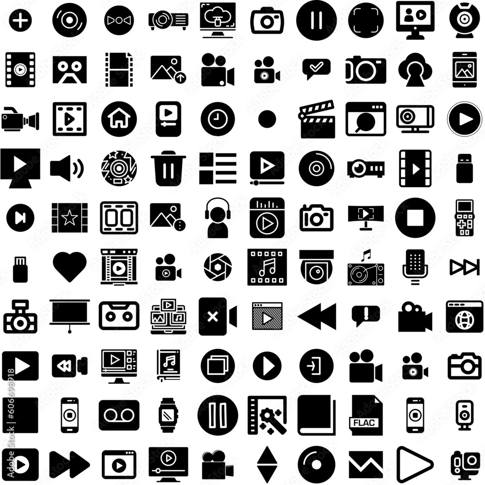 Collection Of 100 Multimedia Icons Set Isolated Solid Silhouette Icons Including Technology, Multimedia, Media, Computer, Film, Movie, Video Infographic Elements Vector Illustration Logo