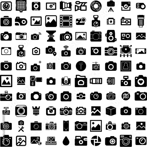 Collection Of 100 Photography Icons Set Isolated Solid Silhouette Icons Including Equipment, Camera, Photographer, Photo, Lens, Photography, Technology Infographic Elements Vector Illustration Logo