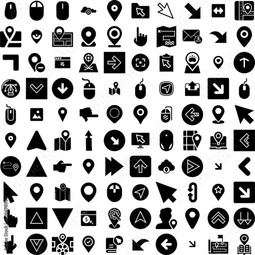 Collection Of 100 Pointer Icons Set Isolated Solid Silhouette Icons Including Vector, Illustration, Icon, Symbol, Pointer, Web, Sign Infographic Elements Vector Illustration Logo