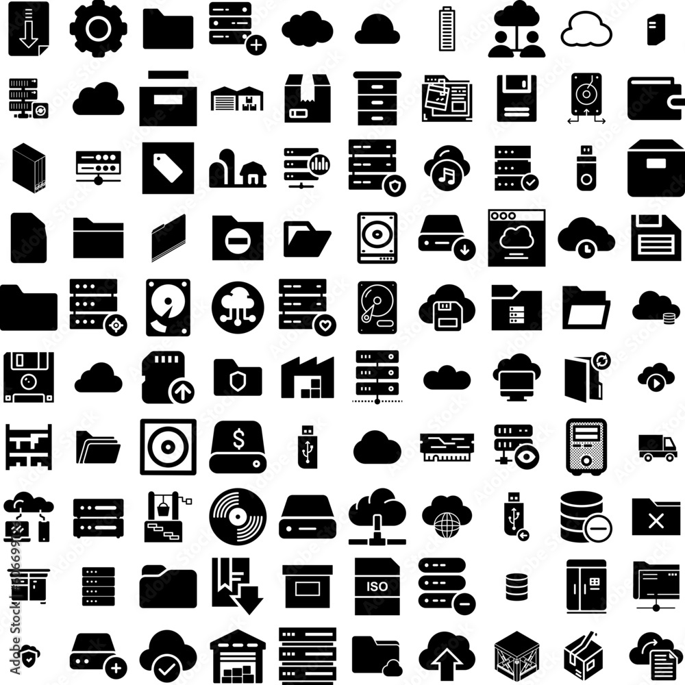 Collection Of 100 Storage Icons Set Isolated Solid Silhouette Icons