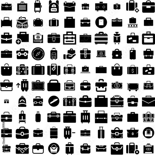 Collection Of 100 Suitcase Icons Set Isolated Solid Silhouette Icons Including Journey, Tourism, Baggage, Vacation, Travel, Suitcase, Luggage Infographic Elements Vector Illustration Logo