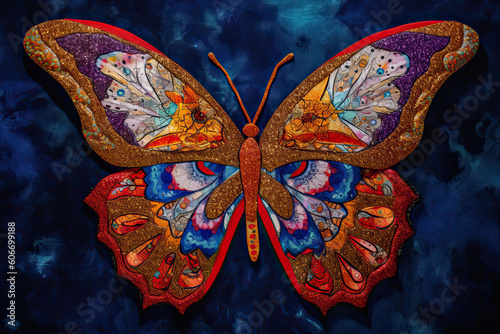 a butterfly made out of different colored materials on a dark blue background the wings are painted with gold and red. Generative Ai
