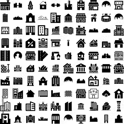 Collection Of 100 Building Icons Set Isolated Solid Silhouette Icons Including Building, Architecture, Office, Construction, City, Urban, Business Infographic Elements Vector Illustration Logo