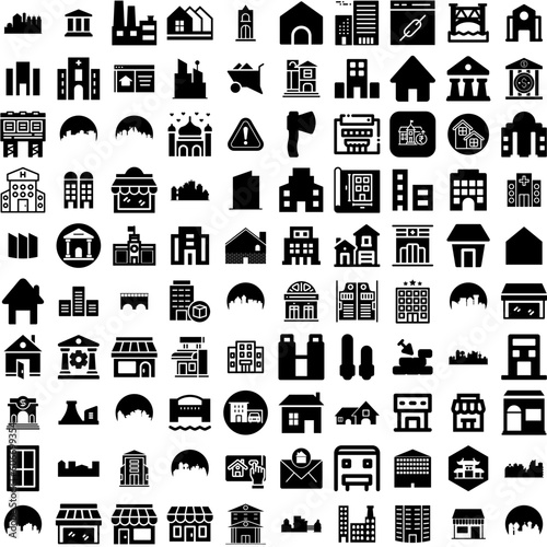 Collection Of 100 Building Icons Set Isolated Solid Silhouette Icons Including Architecture, Construction, Office, City, Urban, Business, Building Infographic Elements Vector Illustration Logo
