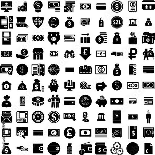 Collection Of 100 Money Icons Set Isolated Solid Silhouette Icons Including Money, Dollar, Currency, Finance, Payment, Cash, Business Infographic Elements Vector Illustration Logo