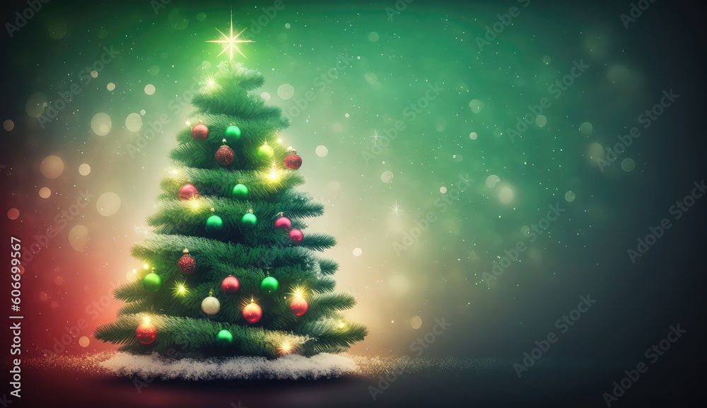 Christmas card with Magic Tree red and green color. 3d illustration (ai generated)