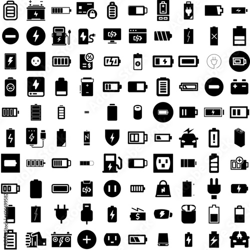 Collection Of 100 Charge Icons Set Isolated Solid Silhouette Icons Including Energy, Electric, Technology, Power, Battery, Charge, Charger Infographic Elements Vector Illustration Logo