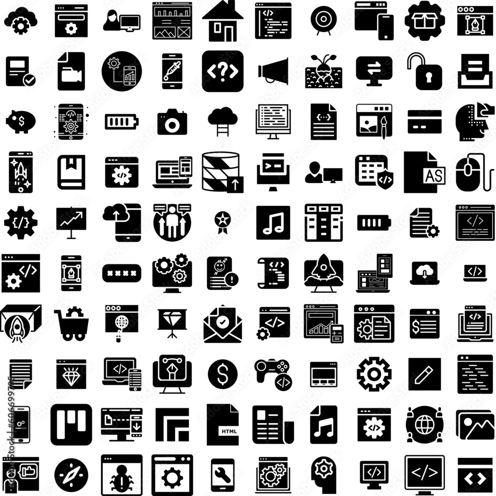 Collection Of 100 Development Icons Set Isolated Solid Silhouette Icons Including Business, Digital, Computer, Internet, Development, Technology, Software Infographic Elements Vector Illustration Logo
