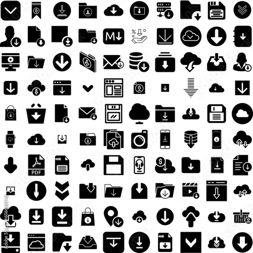Collection Of 100 Download Icons Set Isolated Solid Silhouette Icons Including File, Web, Download, Icon, Button, Vector, Internet Infographic Elements Vector Illustration Logo