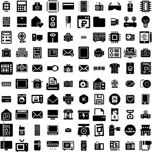Collection Of 100 Electronic Icons Set Isolated Solid Silhouette Icons Including Electronics, Computer, Technology, Equipment, Electronic, Device, Digital Infographic Elements Vector Illustration Logo