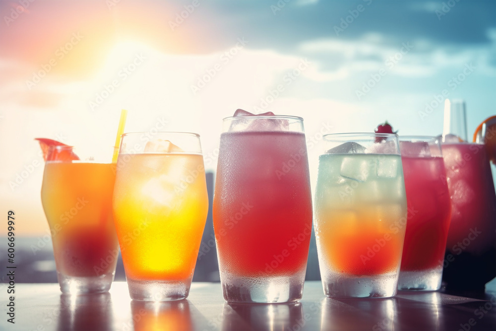 Different cocktail drinks standing on table with sunset and ocean in background. Generative AI Different cocktail drinks standing on table with sunset and ocean in background. Generative AI