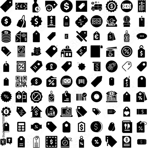 Collection Of 100 Price Icons Set Isolated Solid Silhouette Icons Including Label, Tag, Symbol, Vector, Price, Business, Sale Infographic Elements Vector Illustration Logo