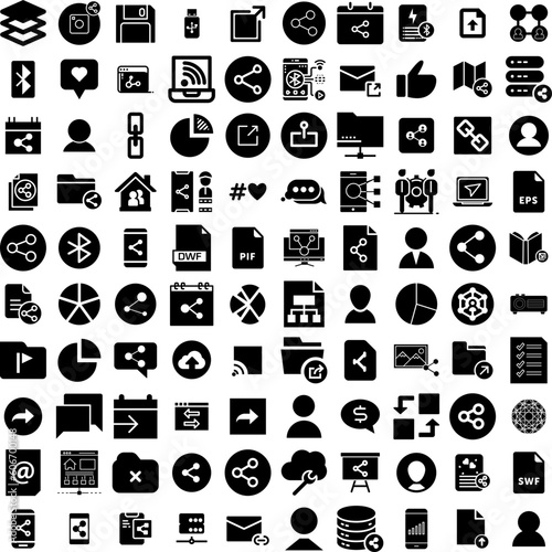 Collection Of 100 Share Icons Set Isolated Solid Silhouette Icons Including Web, Media, Icon, Symbol, Social, Share, Internet Infographic Elements Vector Illustration Logo