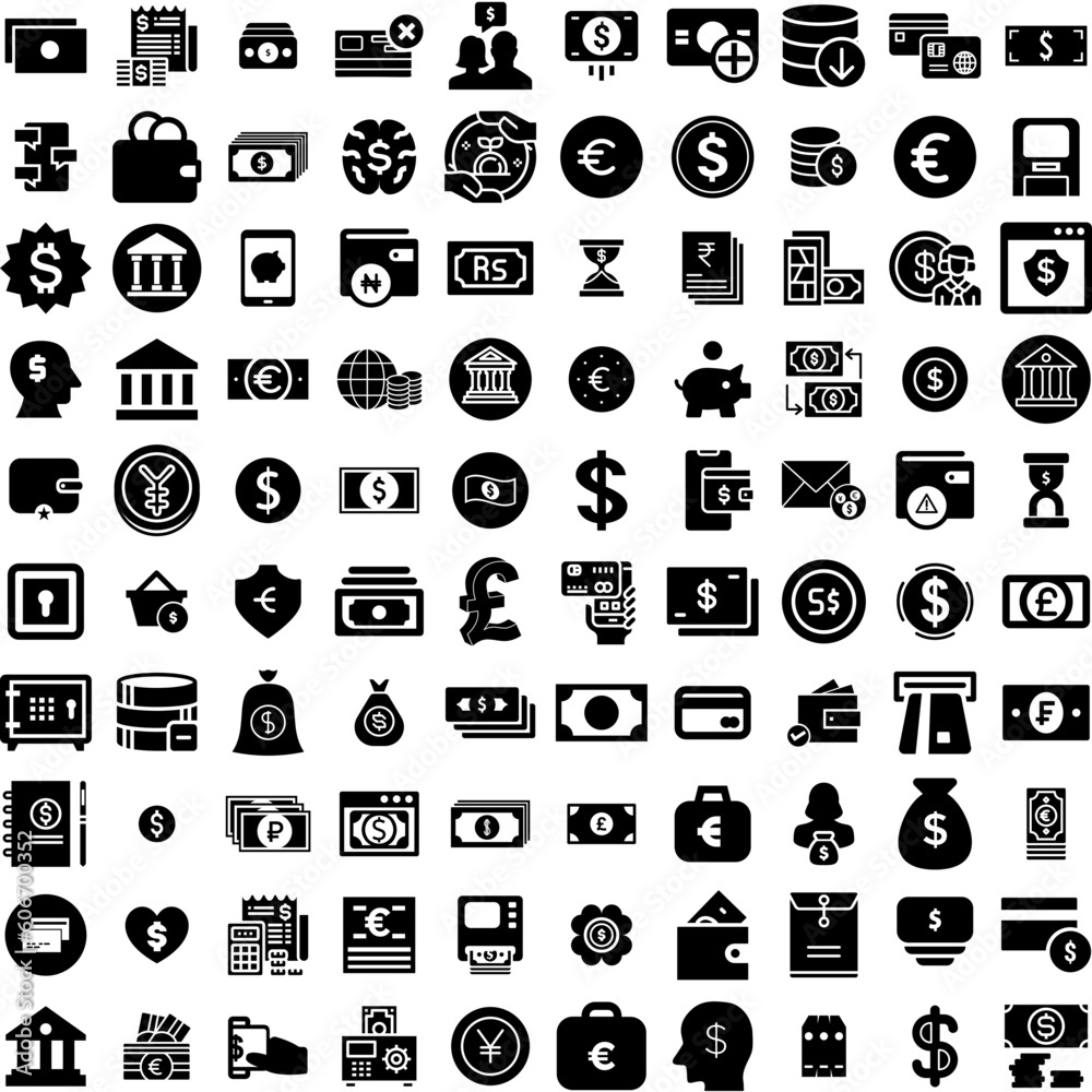 Collection Of 100 Money Icons Set Isolated Solid Silhouette Icons Including Business, Cash, Currency, Money, Payment, Finance, Dollar Infographic Elements Vector Illustration Logo